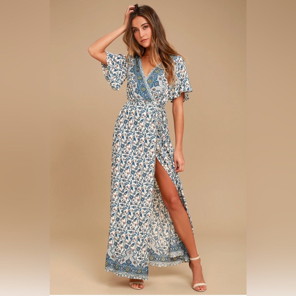 Lulus Blue and White Wrap Dress with Slit